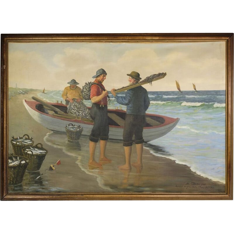 Vintage oil painting with motif of two fishermen with a boat and sea, 1915-1929