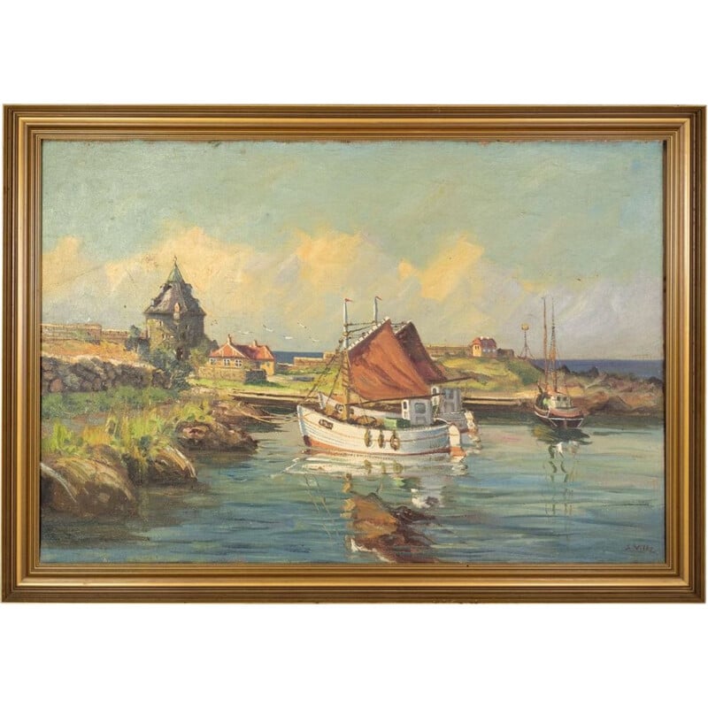 Vintage oil painting with motif of fishing boats near shore, 1930s
