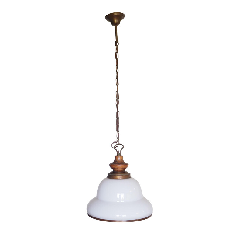Vintage Scandinavian glass and wood pendant lamp, 1970s