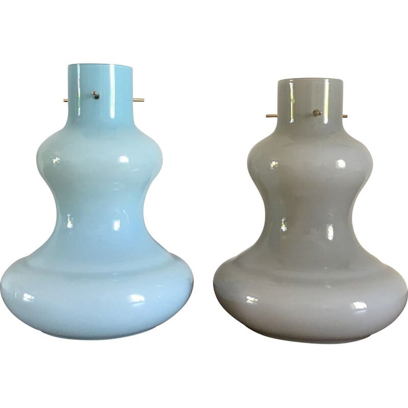 Pair of vintage blue and grey opaline pendant lamps, 1960