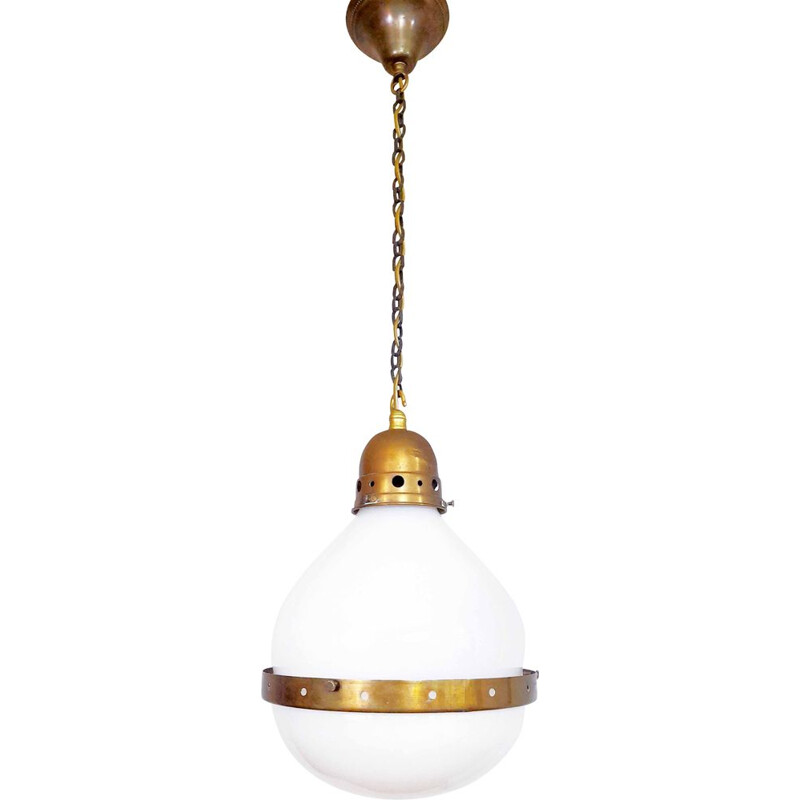 Vintage Bauhaus pendant lamp in opal glass and brass, 1920