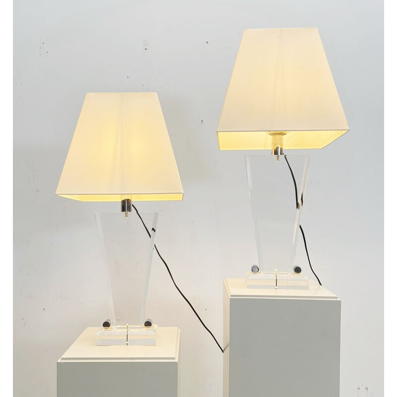 Pair of mid-century plexiglass table lamps with lampshade, Italy 1970s