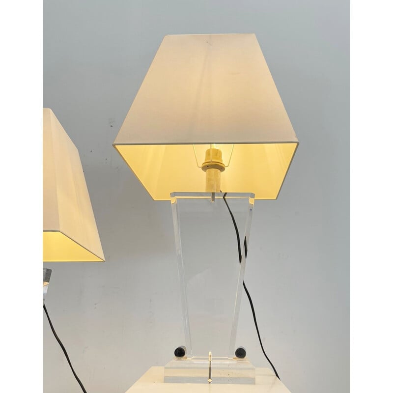 Pair of mid-century plexiglass table lamps with lampshade, Italy 1970s