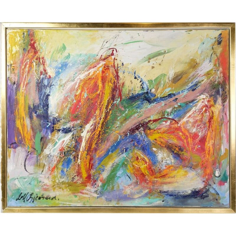 Vintage colorful oil painting by the Artist Leif Bjerregaard, 1995