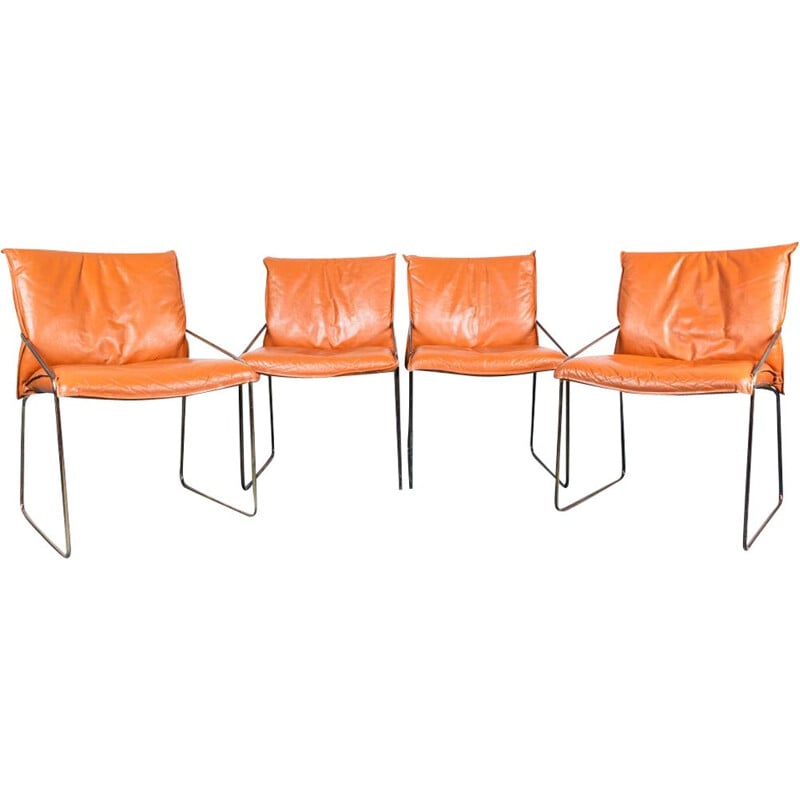 Set of 4 vintage chairs in chromed steel and orange leather, 1970s
