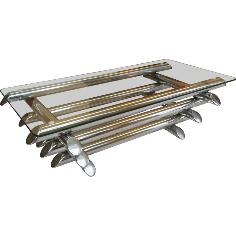 Vintage chrome tube and glass coffee table by Rizzo