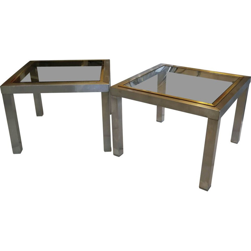 Pair of vintage coffee tables in steel, brass and glass