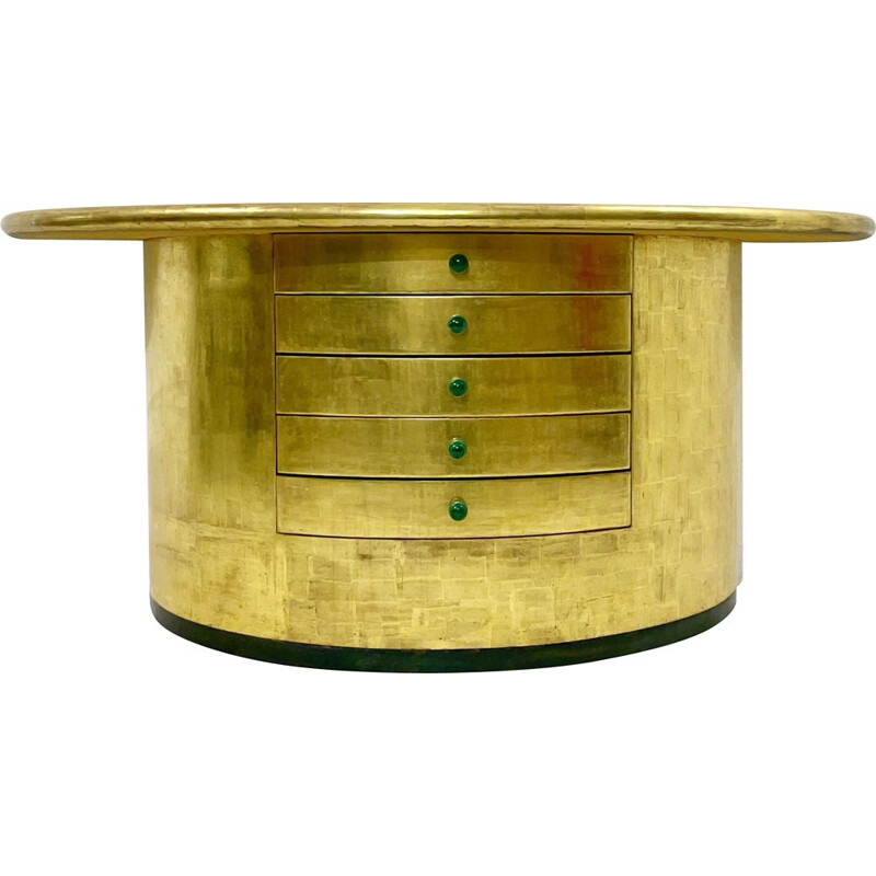 Mid-century golden leaves and Malachite cuffs demi-lune console with drawers, 1980s
