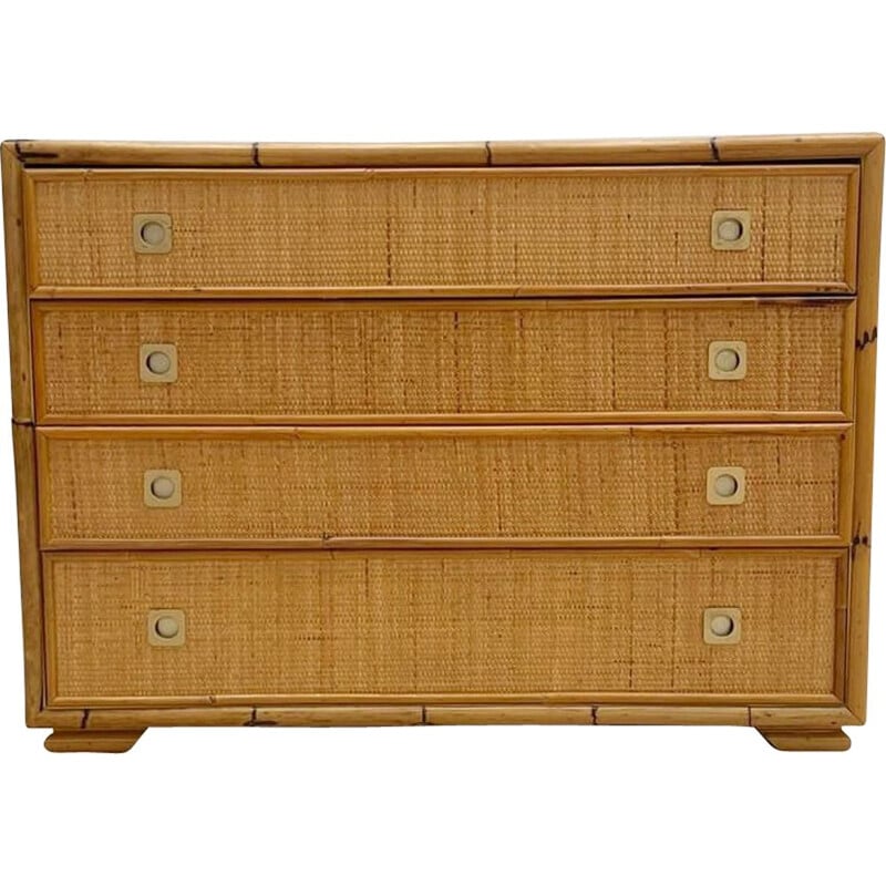 Vintage Dal Vera bamboo and wicker rattan chest of drawers, Italy 1960s
