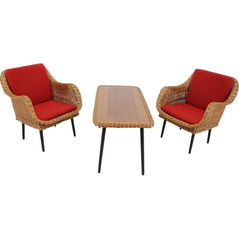 Pair of vintage rattan armchairs and table with pillows, France 1970s