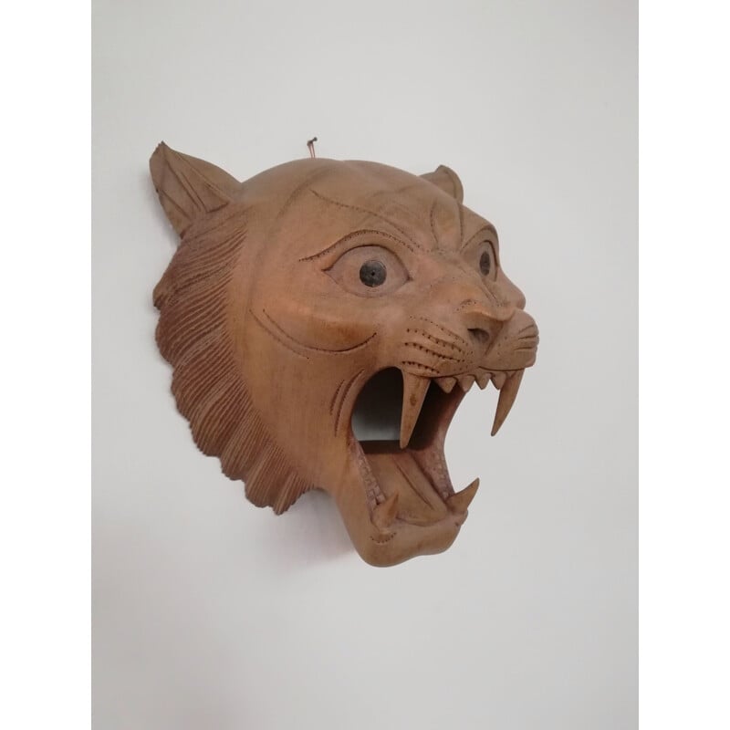 Vintage carved wooden mask of roaring tiger