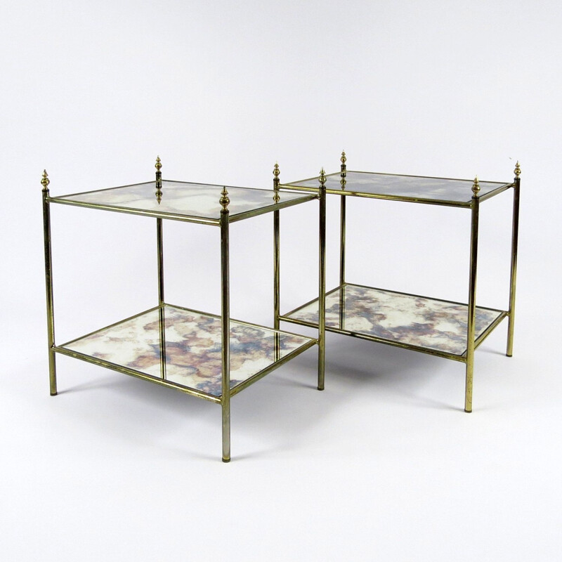 Pair of vintage French brass and mirror side tables, 1970s