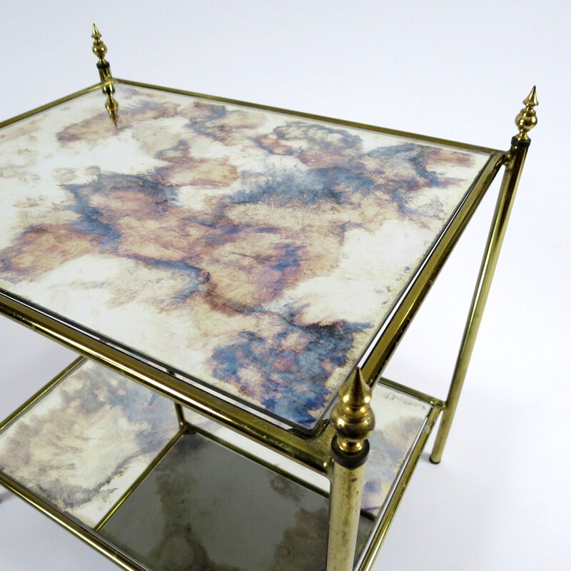 Pair of vintage French brass and mirror side tables, 1970s