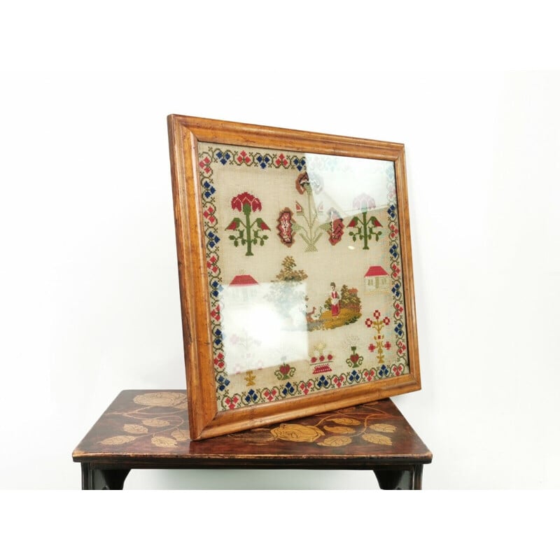 Vintage victorian woolwork sampler in a maple frame