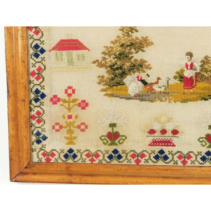 Vintage victorian woolwork sampler in a maple frame