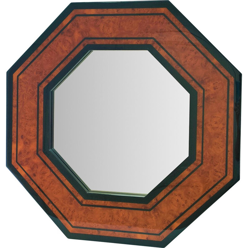 Vintage wooden octagonal mirror by Jean-Claude Mahey, 1970s