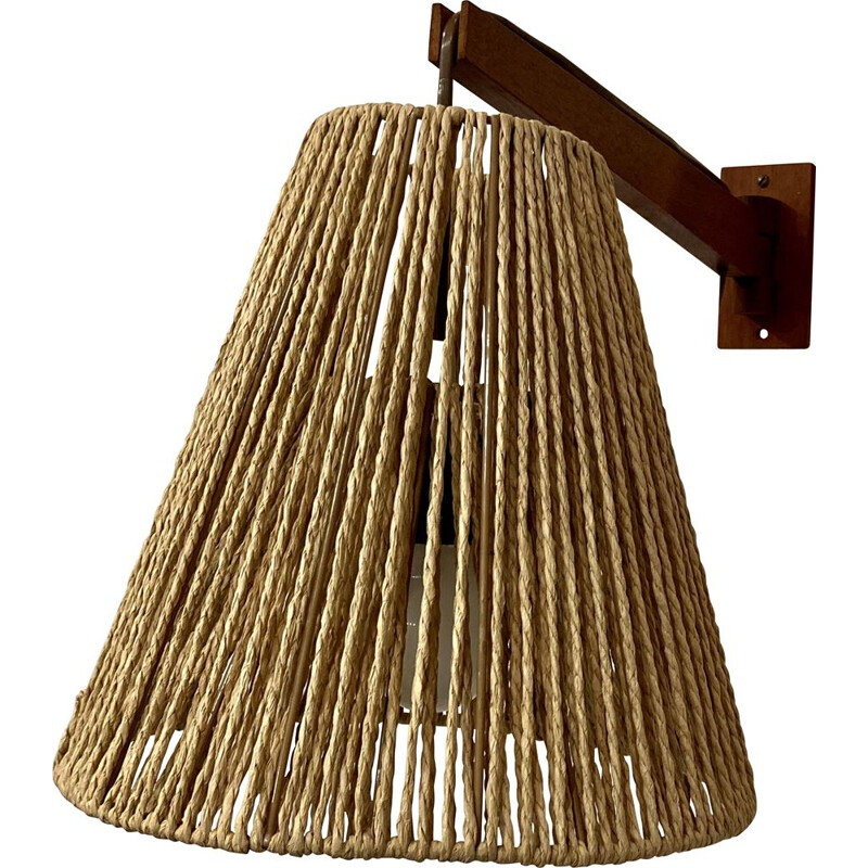 Scandinavian vintage teak and rope wall lamp, 1950