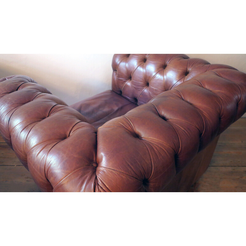 Vintage Brazilian brown leather Chesterfield club armchair