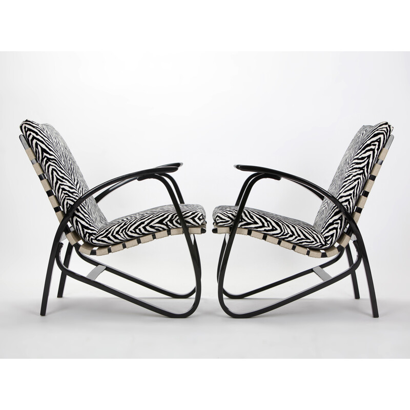 Pair of armchairs in beech and zebra print velvet, Jan VANEK - 1930s