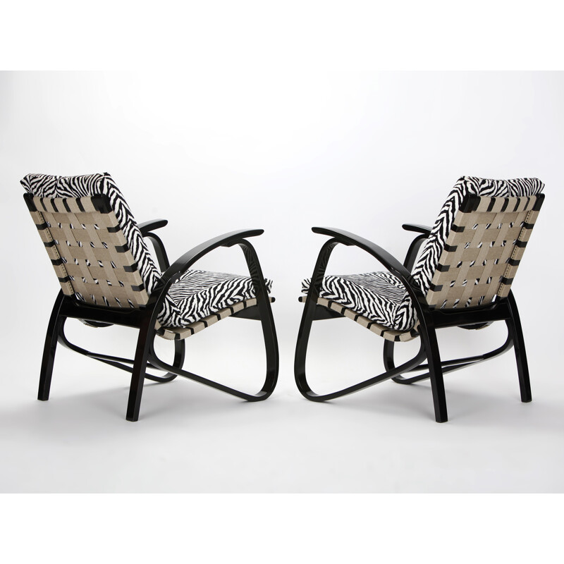 Pair of armchairs in beech and zebra print velvet, Jan VANEK - 1930s