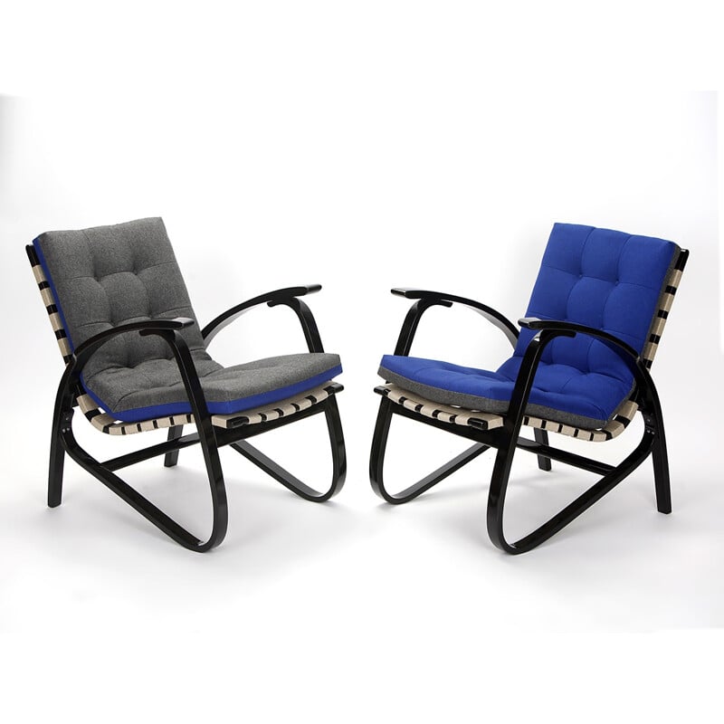 Pair of armchairs in blue fabric and beech, Jan VANEK - 1930s