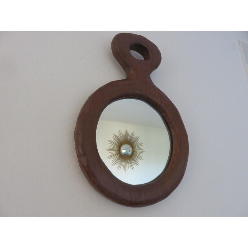 Vintage mirror in solid wood carved with a gouge, France 1960