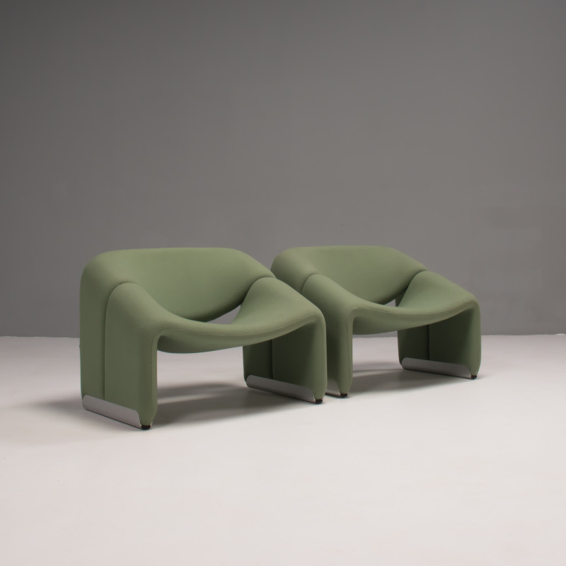 Pair of vintage pale green fabric F598 Groovy armchair by Pierre Paulin for Artifort