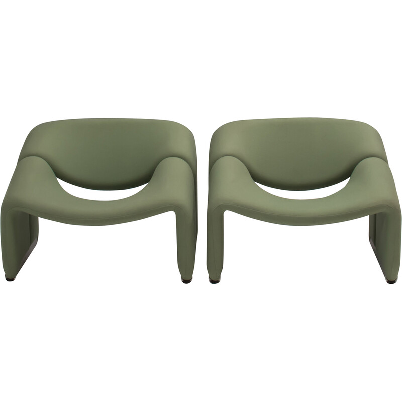 Pair of vintage pale green fabric F598 Groovy armchair by Pierre Paulin for Artifort