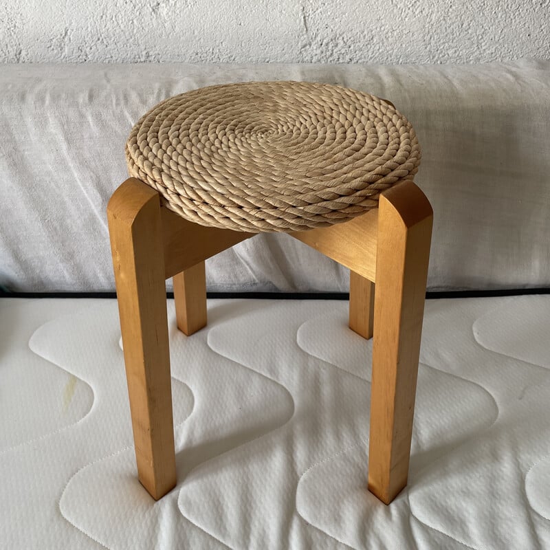 Vintage wood and rope stool, 1970s