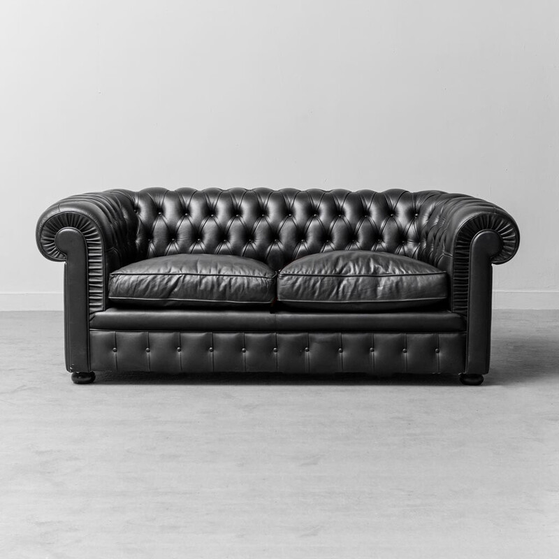 Vintage Chesterfield black leather sofa, 1970s