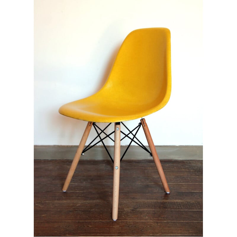 Pair of vintage yellow Dsw chairs by Charles and Ray Eames for Herman Miller