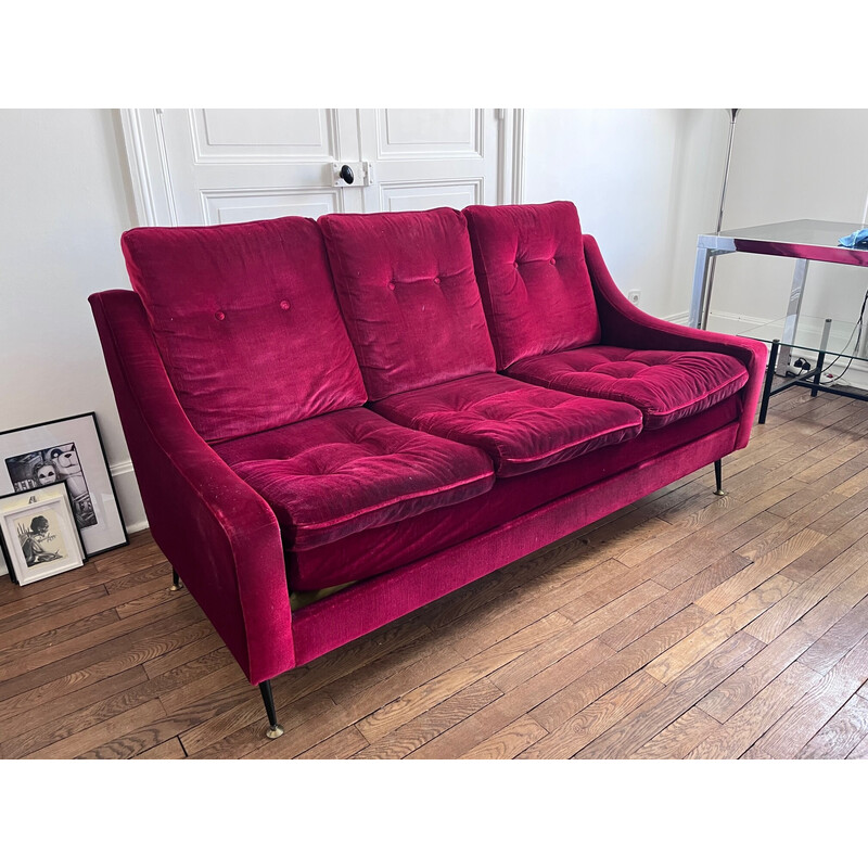 Vintage red velvet sofa, 1950