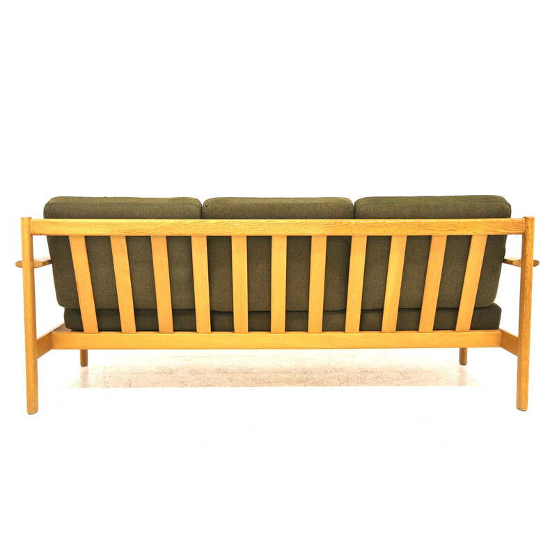 Vintage 3 seater oakwood sofa with cushions, Sweden 1970