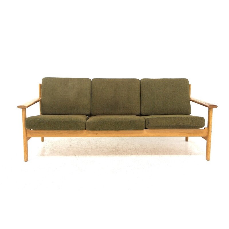 Vintage 3 seater oakwood sofa with cushions, Sweden 1970