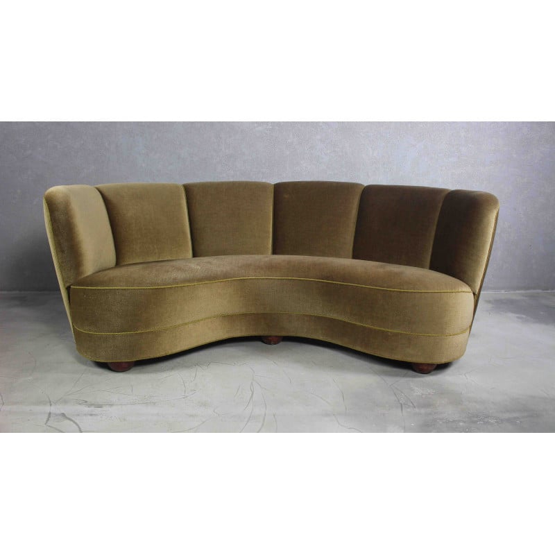 Danish vintage curved velvet sofa, 1930s