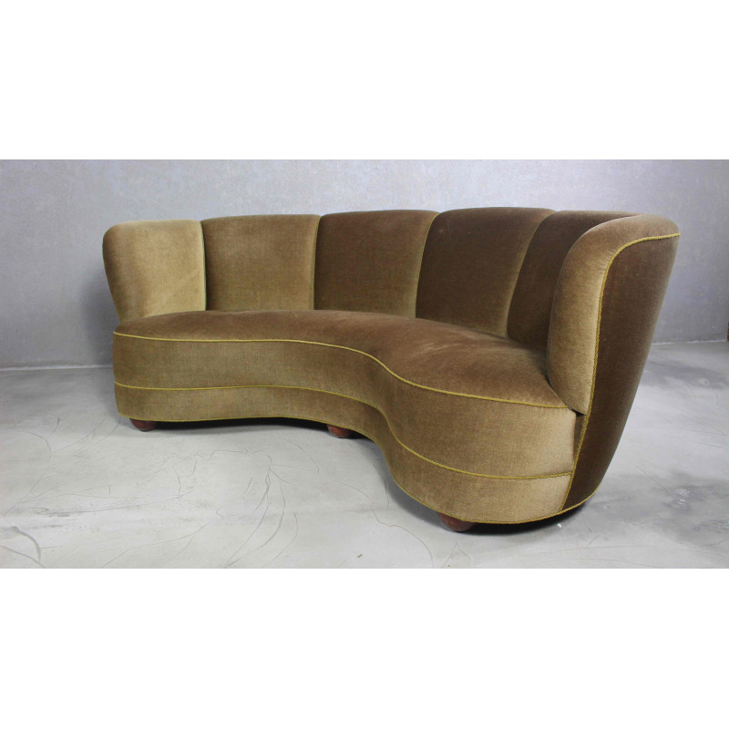 Danish vintage curved velvet sofa, 1930s