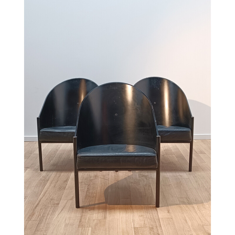 Vintage Pratfall armchair in dark wood and black leather by Philippe Starck