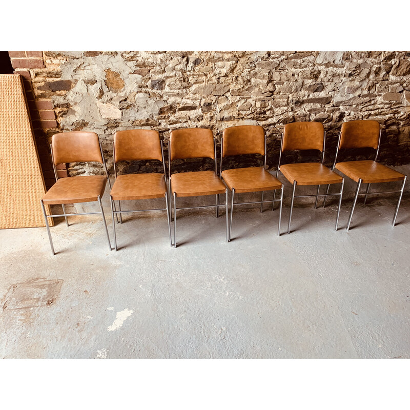 Set of 6 vintage chairs in brown leatherette