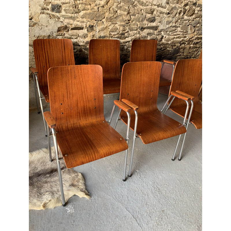 Set of 6 vintage wood and metal armchairs, 1960