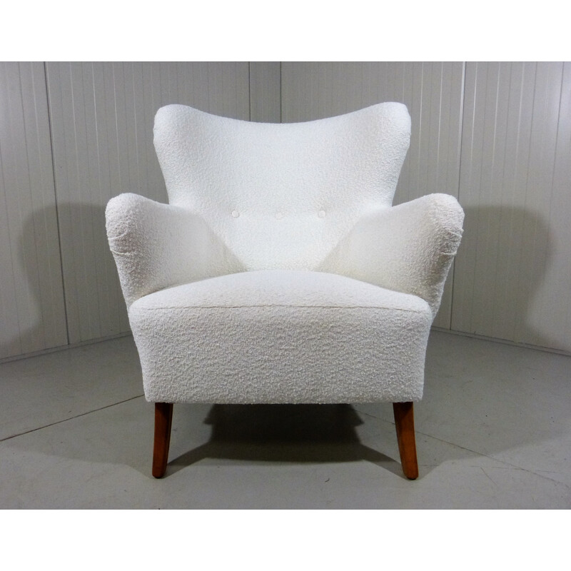 Vintage white boucle fabric armchair, Sweden 1950s