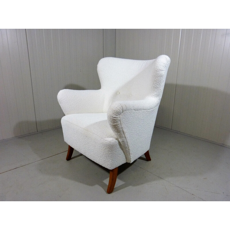 Vintage white boucle fabric armchair, Sweden 1950s