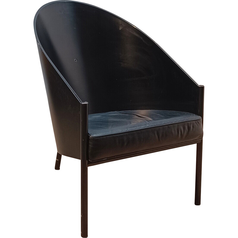 Vintage Pratfall armchair in dark wood and black leather by Philippe Starck