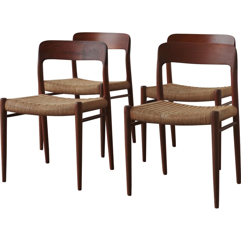 Set of 4 vintage rope and teak chairs model 75 by Niels Otto Møller, 1950