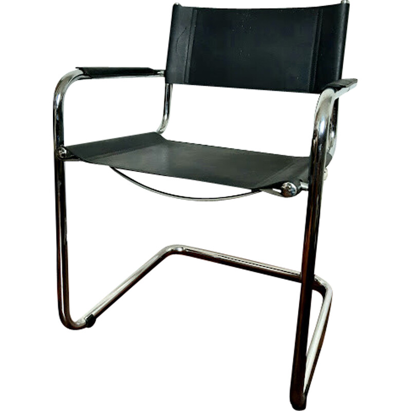 Vintage chrome-plated metal and leather cantilever armchair by Matteo Grassi, 1970