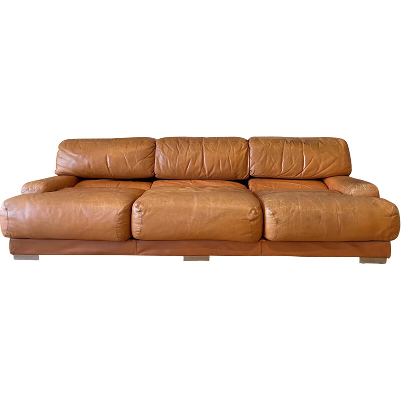 Vintage 3 seater sofa in fawn leather and stainless steel by Gérard Guermonprez, France 1970