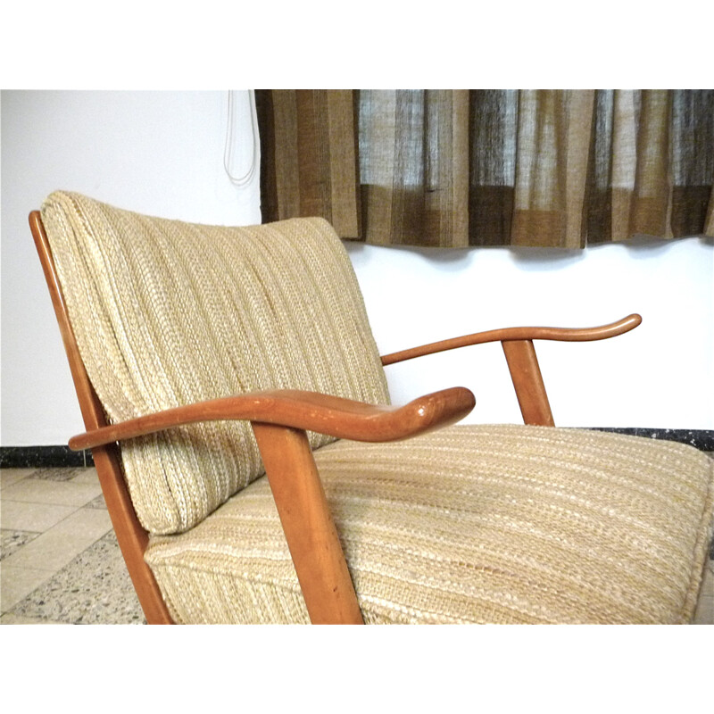 Pair of beige woolen armchairs in wood by Wilhelm Knoll - 1960s