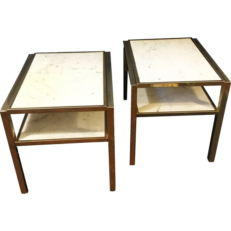 Pair of side tables with double marble trays - 1970s
