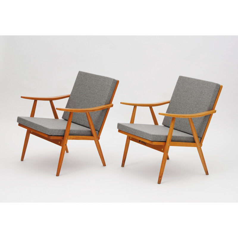 Set of 2 grey armchairs in beechwood - 1960s