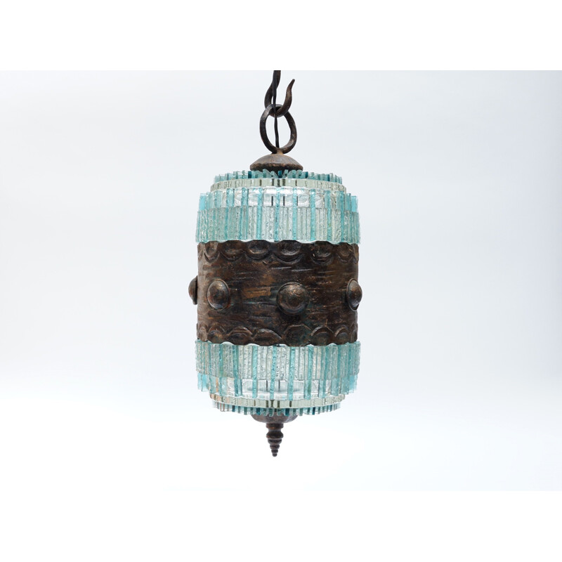 Blue hanging lamp in bronze and glass - 1970s