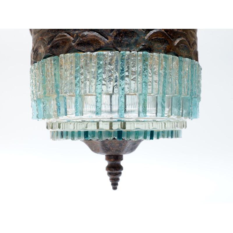 Blue hanging lamp in bronze and glass - 1970s